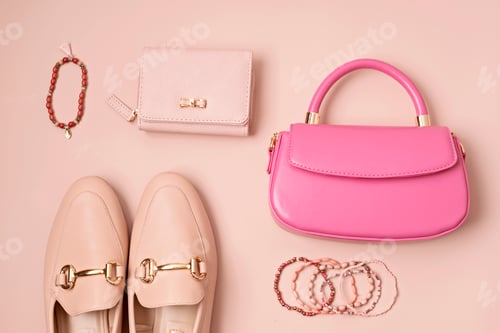 Preview: Flat lay with woman fashion accessories in pastel colors.