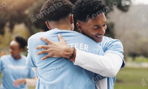 Preview: Men, volunteer and friends hug in park together for solidarity, support or sustainability at green