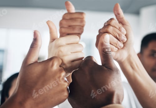 Preview: Hands, thumbs up and diversity, support and business people, solidarity and agreement with unity in