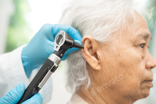 Preview: Audiologist or ENT doctor use otoscope checking ear of asian senior woman patient
