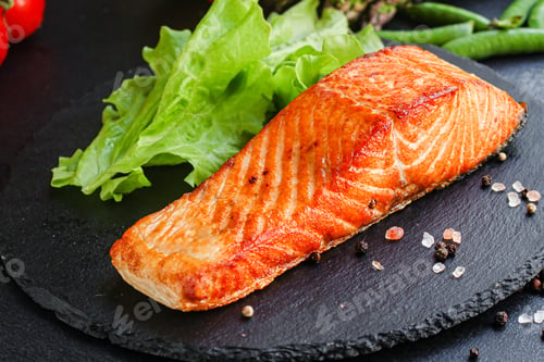 Preview: Salmon Fish Fried Bbq Grill Seafood Meal Tasty Serving Size Top View Copy Space Food Background