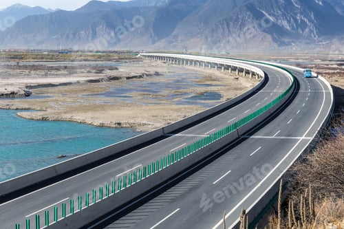 Preview: road and bridge on rivers at the Tibetan Plateau