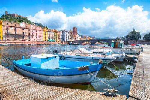 Preview: Unbelivable cityscape of Bosa town with Ponte Vecchio bridge across the Temo river.