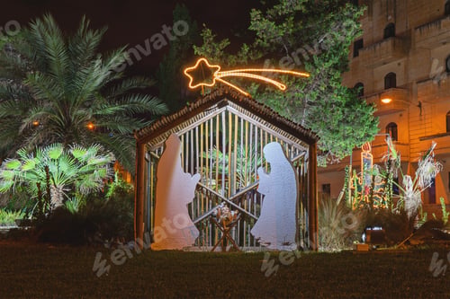 Preview: Christmas man nativity scene installation on theme of birth of Jesus Christ, shadow and silhouette