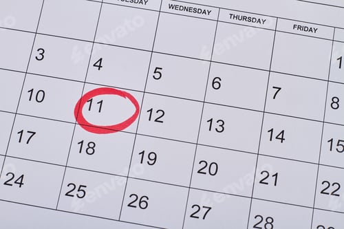 Preview: 11 day in white paper calendar marked with red lines.