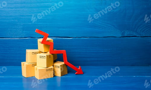 Preview: Cardboard boxes and red down arrow. Fall in sales and production of goods