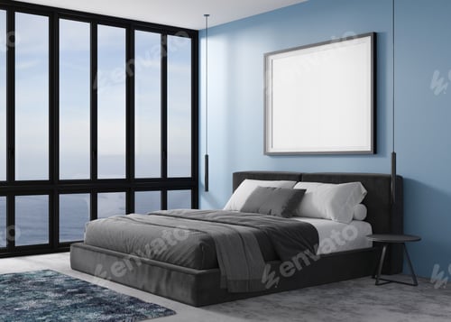 Preview: Empty picture frame on blue wall in modern bedroom. Mock up interior in contemporary style