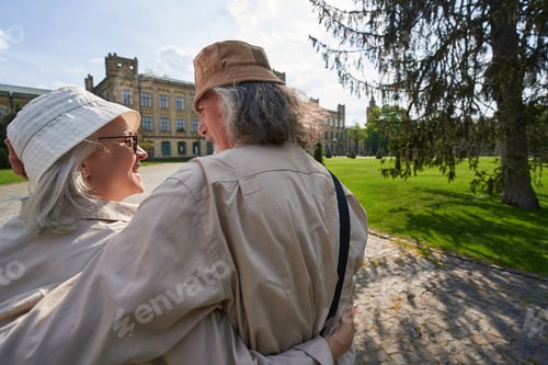 Preview: Happy mature female person embracing her partner outdoors