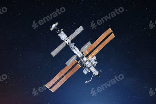 Preview: ISS space station flies in starry space and explores deep space. Space mission and ISS.