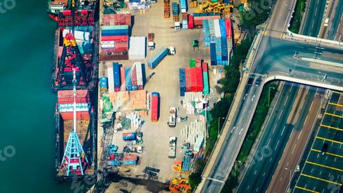 Preview: Aerial view of cargo ships at port terminal. Hong Kong
