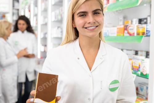Preview: Portrait of female pharmacist showing medicine box to the camera.