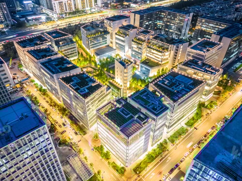 Preview: Aerial view of modern buildings during the dark night
