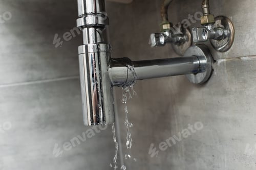 Preview: Damaged pipe with leaking water on grey background