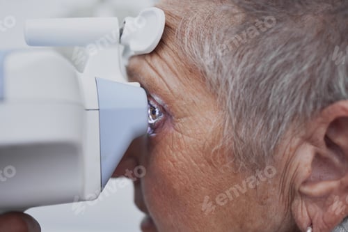 Preview: Optometry, eye exam and medical with old woman and consulting for healthcare, vision or glaucoma. O