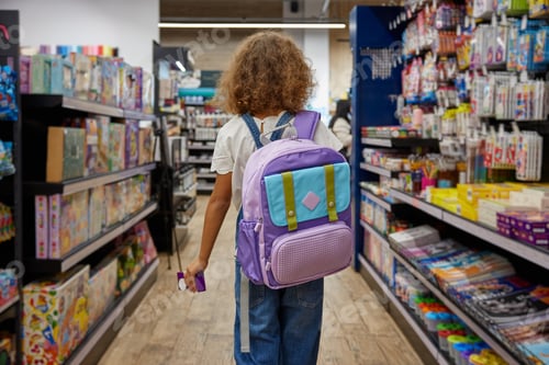 Preview: Female student with new school bag at stationery store