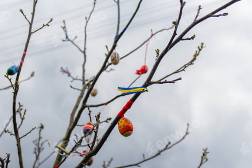 Preview: Easter eggs decorated. Handmade diy home exterior decoration wit