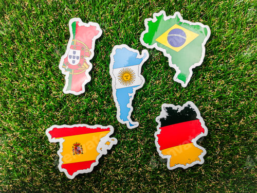 Preview: Portugal,German,Spain,Argentina and brazil flag sticker is on a green field.