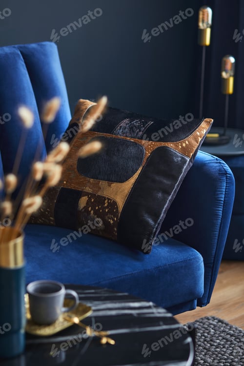 Preview: Stylish close up on the elegant pillow in the glamour living room interior