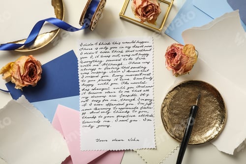 Preview: Letter with text, roses and golden plates on white background, top view