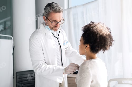 Preview: Stethoscope, people and doctor listen to patient heartbeat, breathing or help with asma lung virus,
