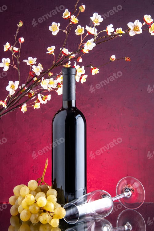 Preview: front view bottle of wine with fresh grapes on dark background fruit drink alcohol color photo