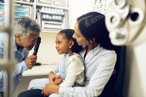 Preview: Optometry, consultation and optometrist with child and mother at eye care appointment for test. Vis