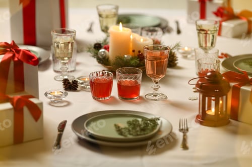 Preview: Christmas table with candles, drinks, pine branches and festive decor for holiday celebration