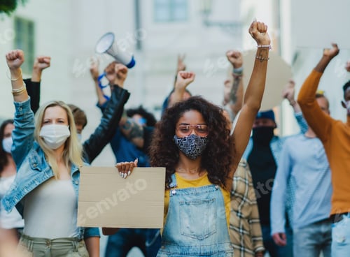 Preview: Group of people activists protesting on streets, demonstration and coronavirus concept.