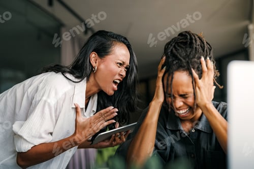 Preview: Workplace aggression, stressful work environment. Angry boss shouting at the worker in the office