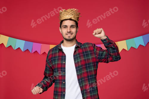 Preview: festa junina wearing straw hat cute happy guy celebrating brazilian festival
