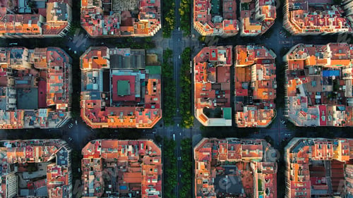 Preview: Overhead View of Barcelona Skyline: Eixample Residential District at Dawn in Catalonia, Spain