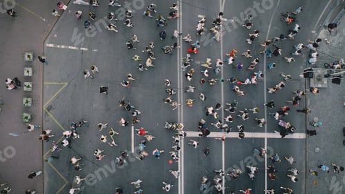 Preview: Top down pedestrians crosswalk road aerial. People cross street. Cityscape crossroad. Men, women