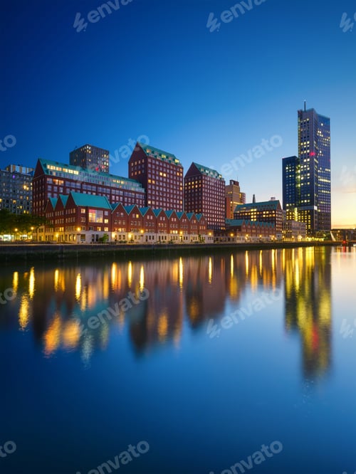 Preview: Rotterdam, Netherlands. View of the city center. Cityscape in the evening