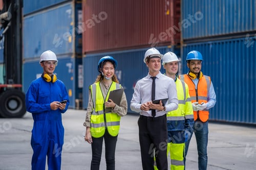 Preview: Engineer container cargo with worker checking stock into container for loading.