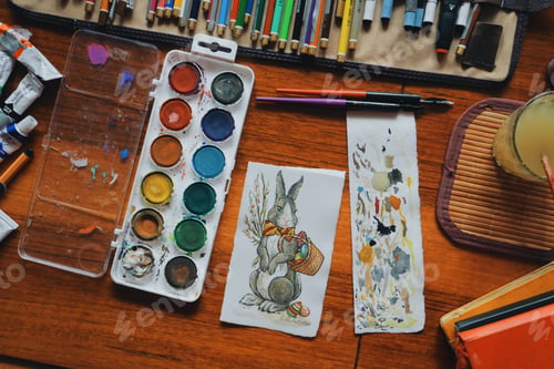 Preview: female artist painter painting a picture of a easter bunny