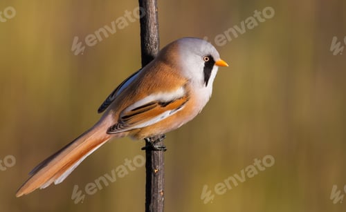 Preview: Panurus biarmicus, Bearded reedling. the mustachioed male sits on the stem of the plant