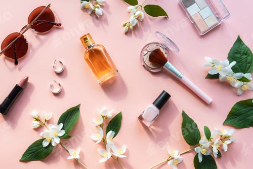 Preview: Womens flat lay cosmetics and stylish accessories with jasmine flowers on pink background. Beauty