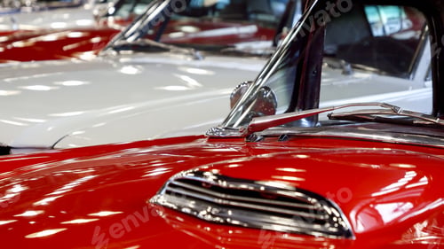 Preview: Dolly shot of details on vintage retro cars painted in red and white