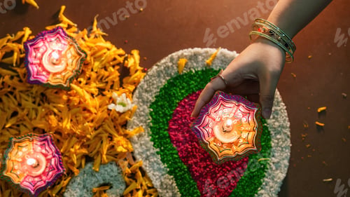 Preview: Diwali Festival. Hand placing diya on colorful rangoli design.