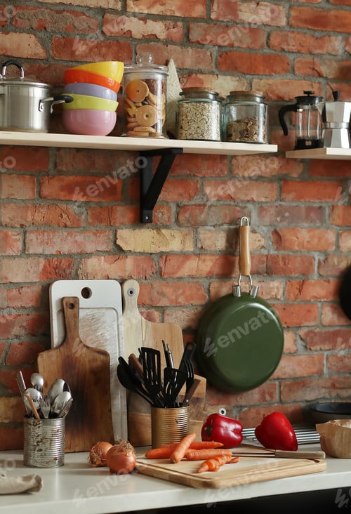 Kitchen Still Life with Rustic Brick Wall