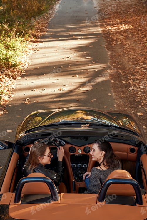 Preview: Rear view of two women friends in cabliolet