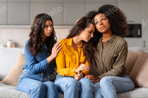 Preview: Supporting a friend in distress, three multiracial ladies at home
