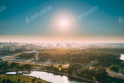 Preview: Minsk, Belarus. Top view, cityscape of Minsk, Belarus. Summer season, sunset time. Nyamiha district