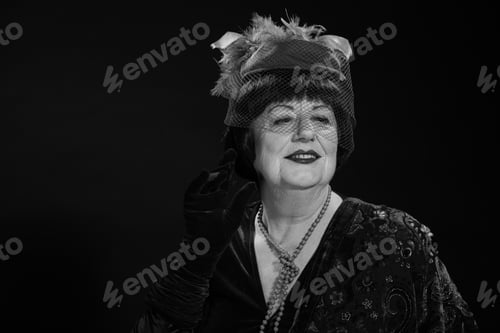 Preview: Retro Glamour Studio Portrait Of Senior Woman. Black And White Photo.