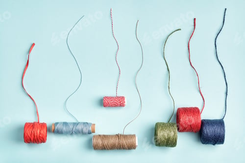 Preview: Different skeins of cords, twine, ropes for packaging and decoration