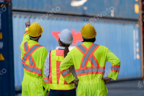 Preview: Construction workers discussing a project at a shipping yard in the afternoon sunlight