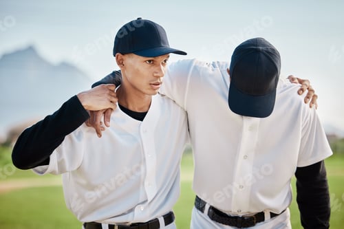 Preview: Baseball, men or sports injury help on field, grass or stadium ground in fail, fitness problem or d