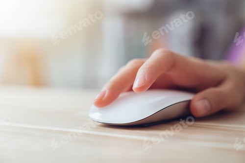 Preview: Close up of hand using on white mouse and clicking on office table.