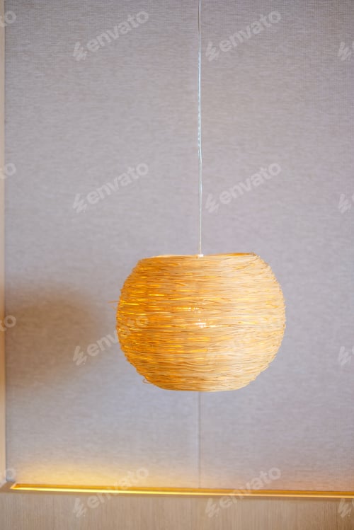 Preview: Bamboo lamp hanging in bedroom. Scandinavian, minimal and bohemian style