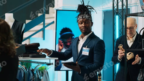 Preview: African american worker checking inventory for new clothing line